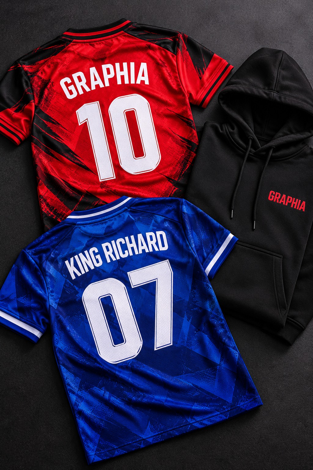 Red Graphia number 10 jersey, blue King Richard number 07 jersey and black branded hoodie