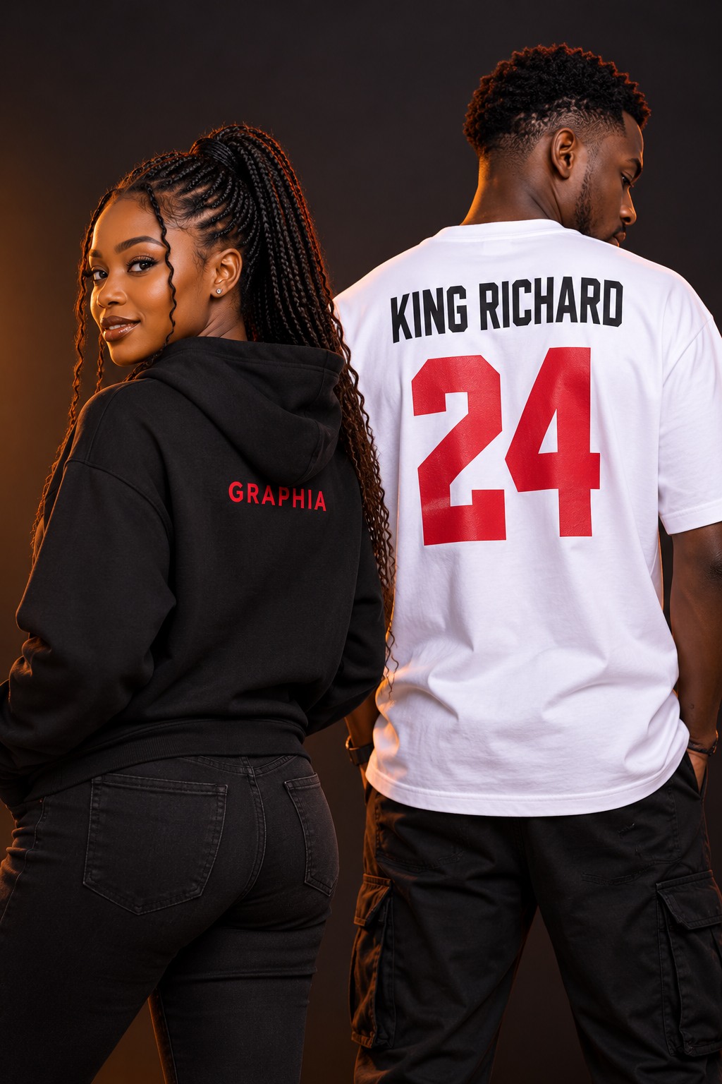 Black branded hoodie and white T-shirt with custom Graphia and King Richard prints