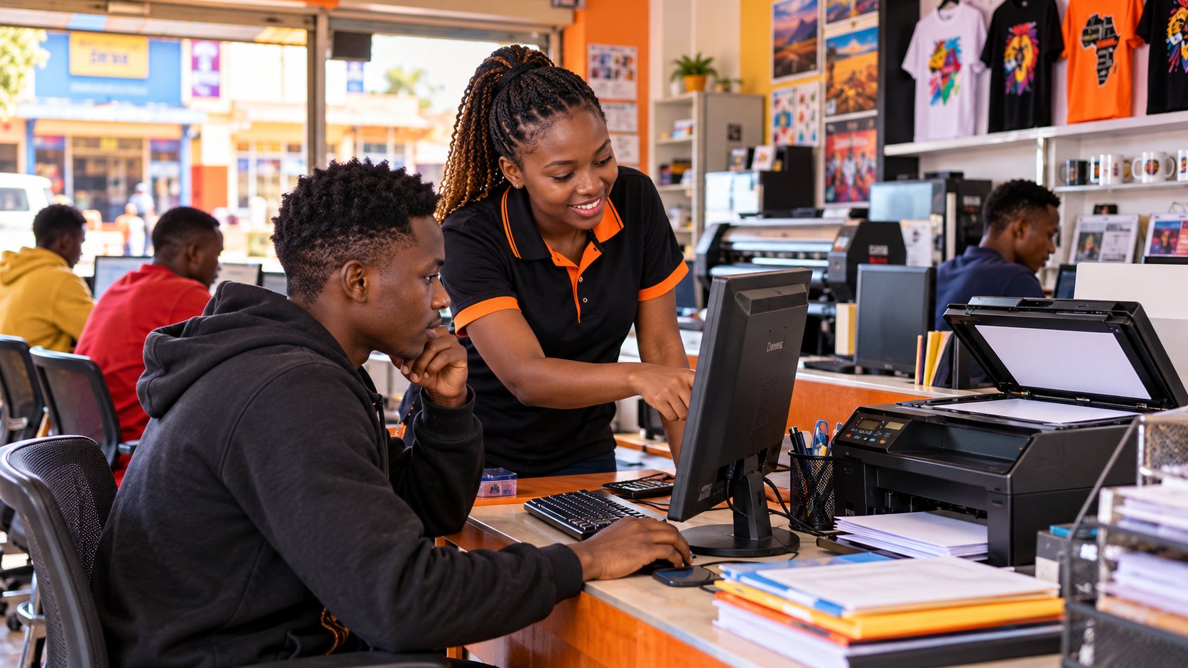 African cyber café attendant helping a customer