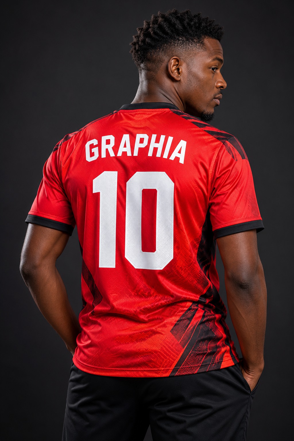 Red and black custom football jersey printed with GRAPHIA and number 10