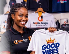African customer with personalised branded merchandise