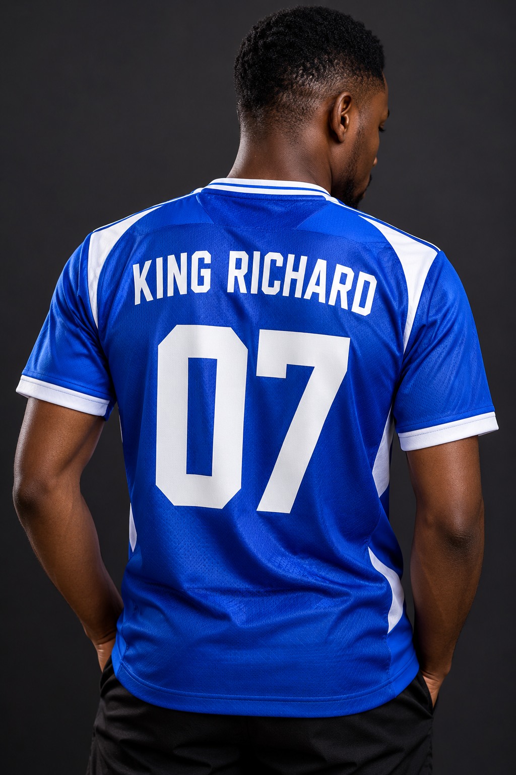 Blue football jersey personalised with KING RICHARD and number 07