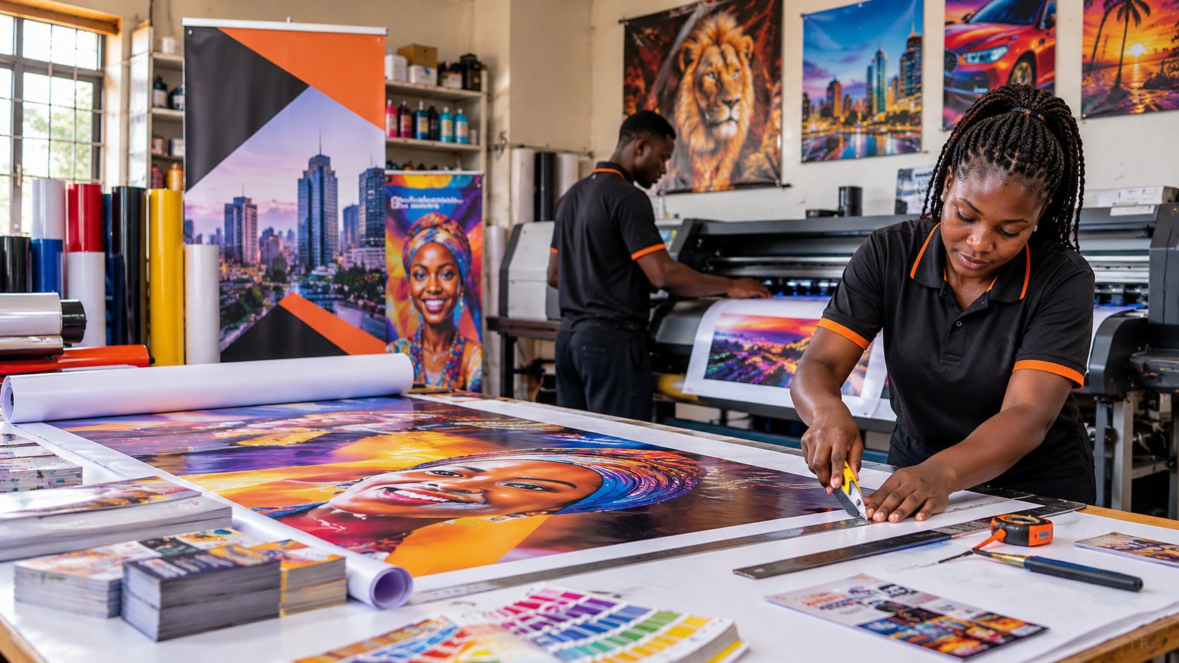African print-shop staff preparing a large-format print