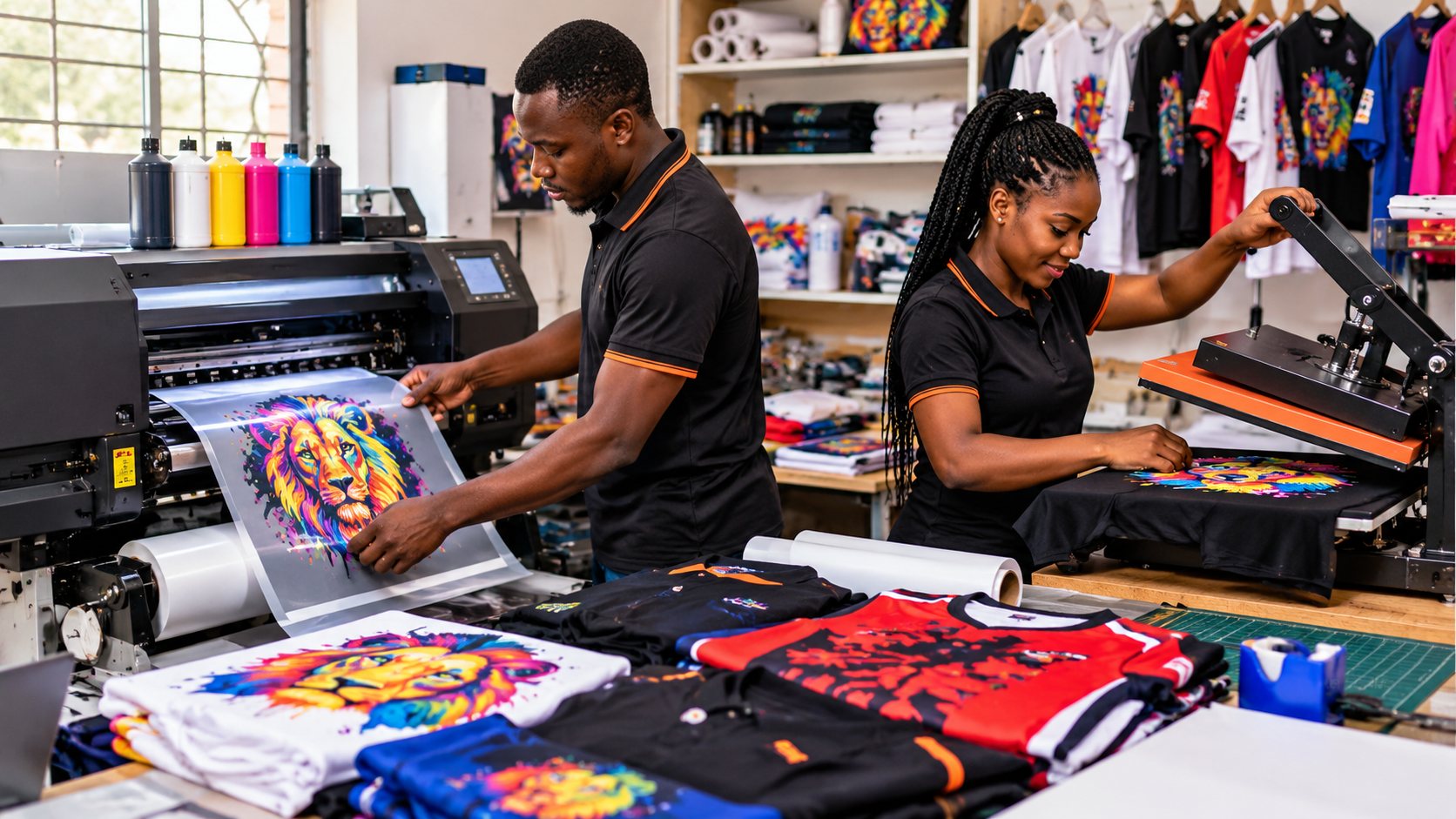 African print-shop team working with DTF printer and heat press in an illustrative workshop scene